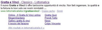 Un esempio di sitelink abbinati ad una pagina interna, in questo caso la pagina dei Gratta e Vinci di Lottomatica