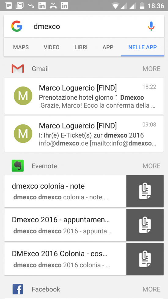 Un esempio di risultati dalla ricerca nelle app